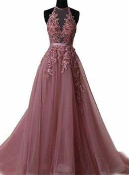 Picture of Pink Halter  Lace-up Long Formal Gown, Pink Party Dress